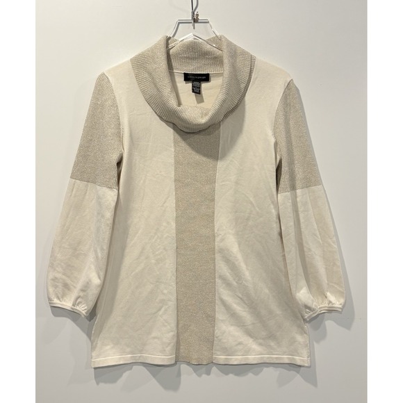 Cable & Gauge Sweaters - Cable & Gauge Cowl Neck Silk Blend Metallic Colorblock Sweater Cream Gold L